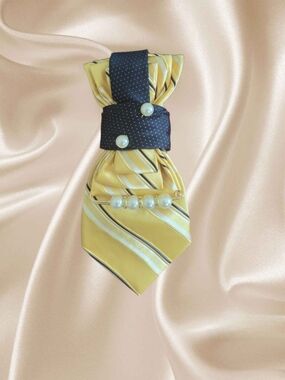 Yellow and Black Striped Women's Necktie Brooch - Pearl Accent